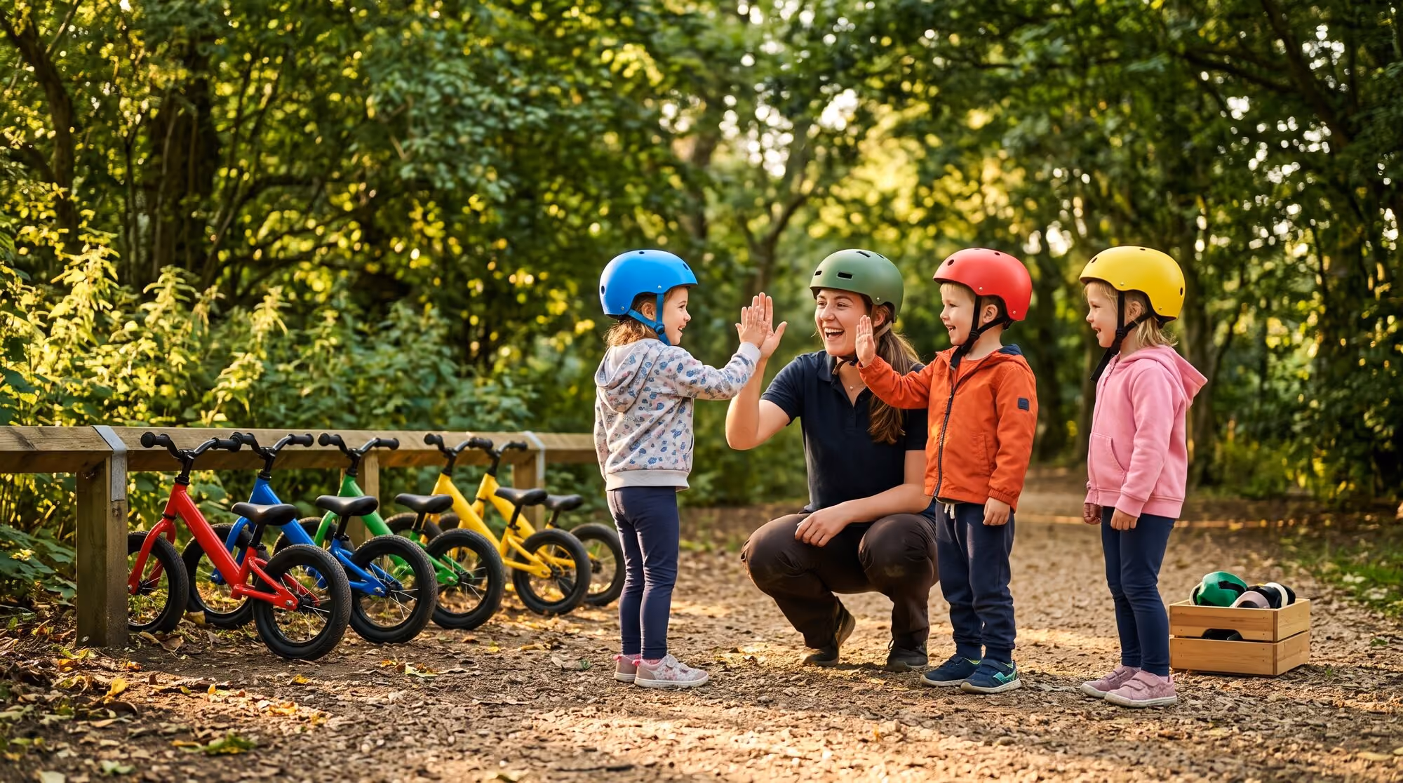 A Peak clinician crouching outdoors to high-five a young child in a bike helmet, with two more children waiting beside a row of balance bikes.