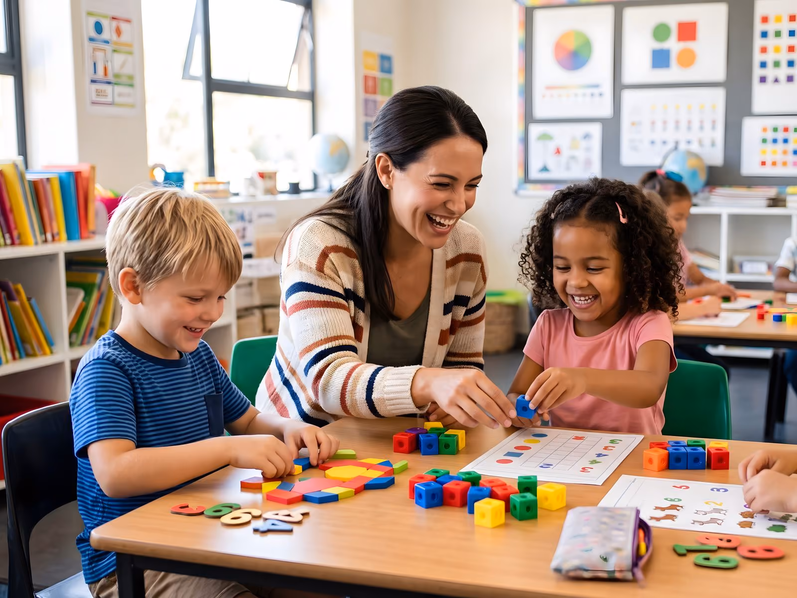 A teacher laughing with three children around a classroom table as she hands one of them a bright counting cube, colorful learning charts on the wall behind them.