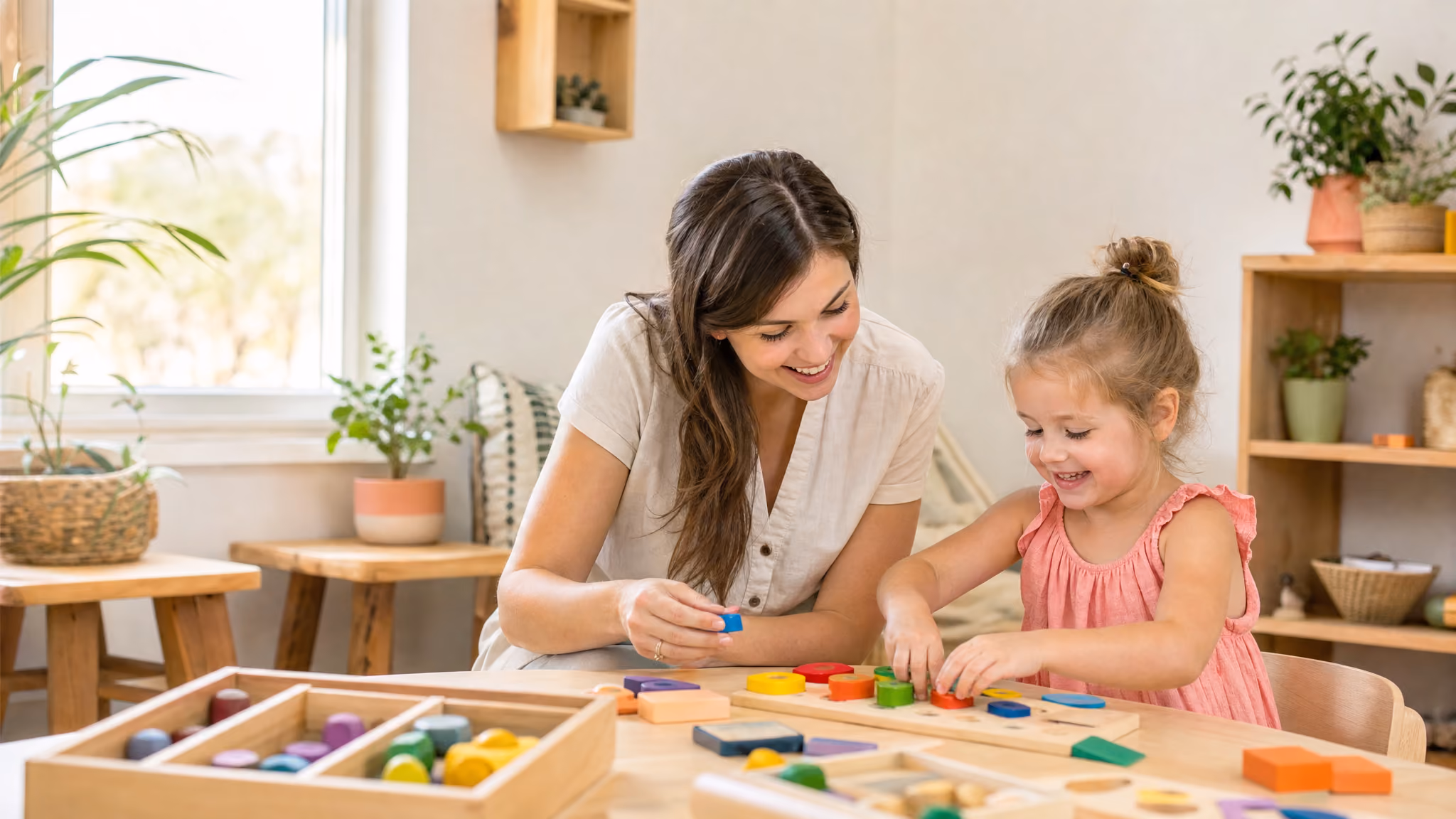 A behavior technician and a young child working side by side at a low table with learning materials.