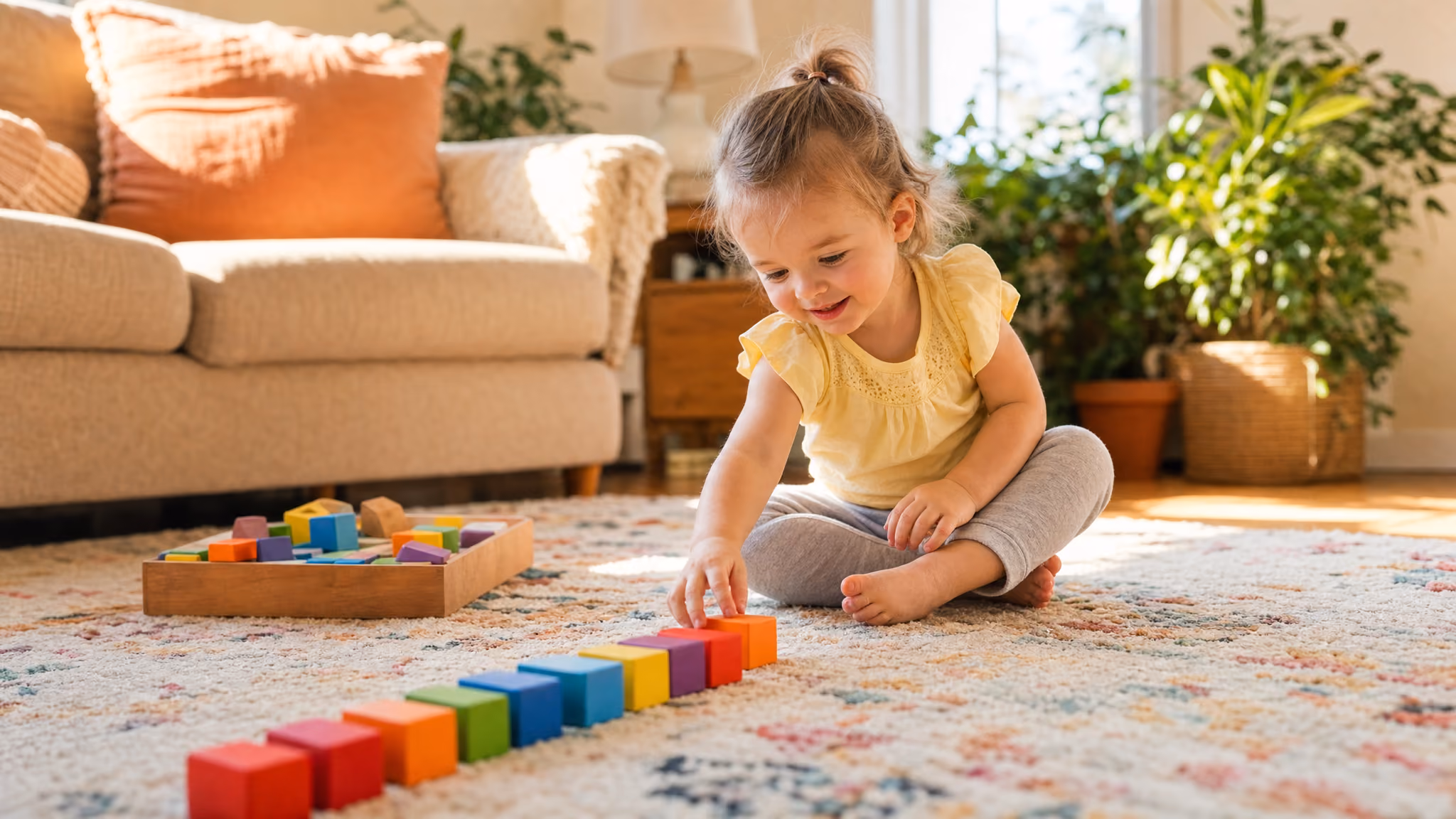 A toddler sitting on a rug absorbed in lining up a row of small colored blocks.