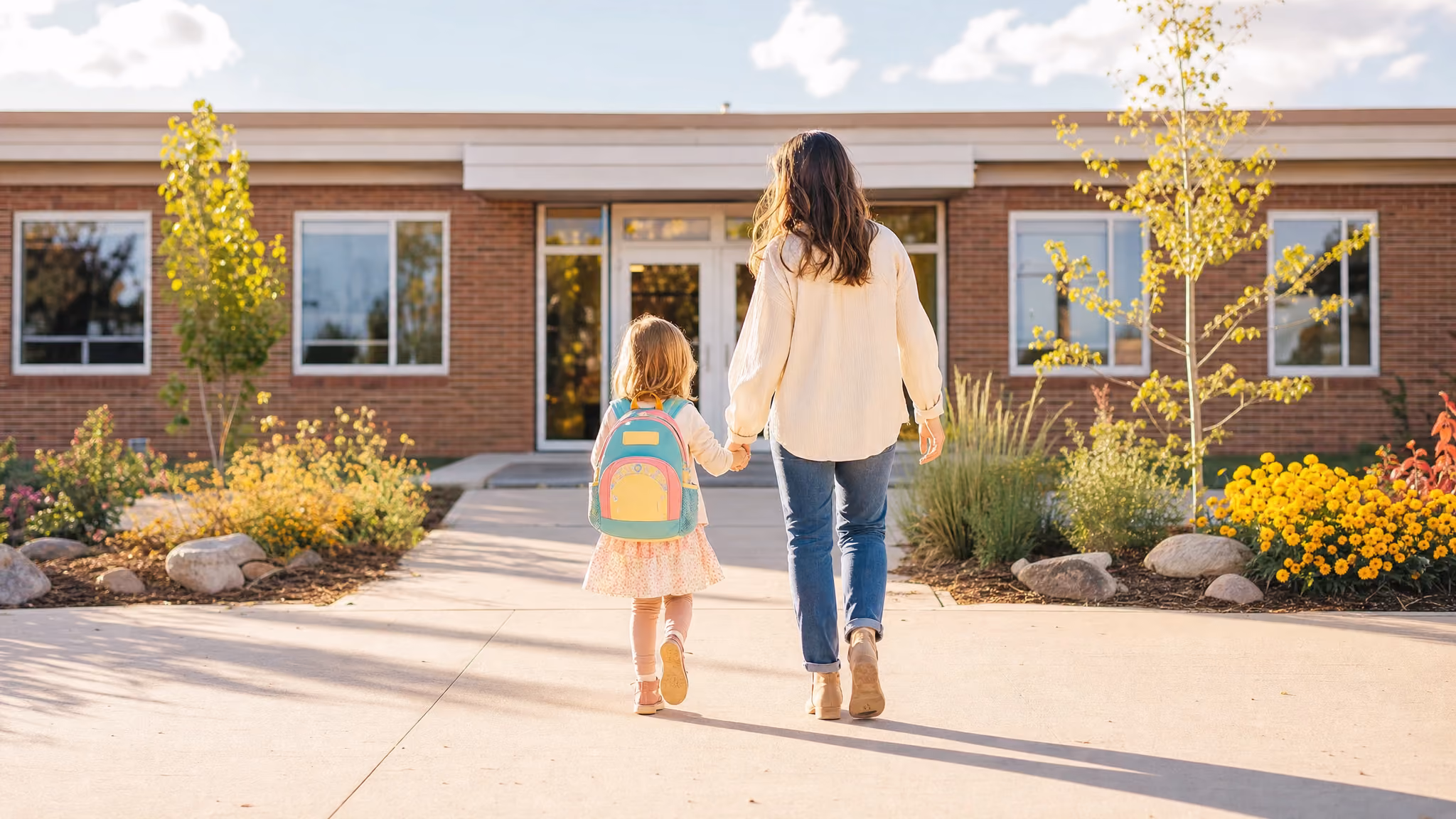 A child with a backpack walking toward a school entrance beside a parent on a bright morning.