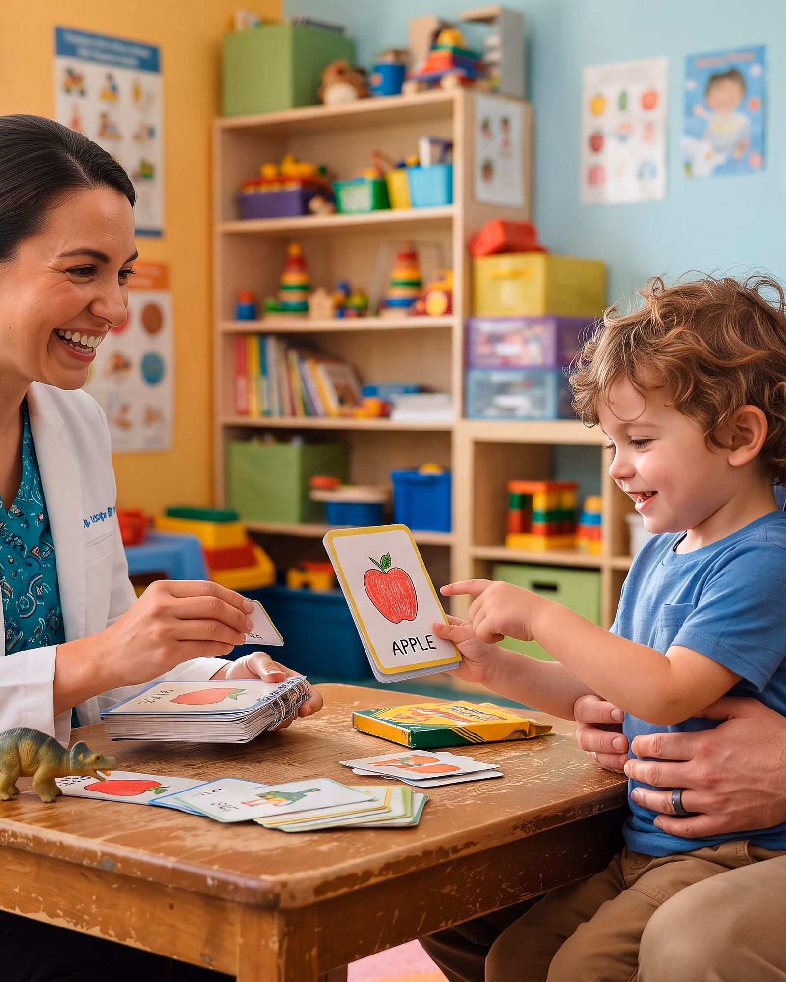 A smiling clinician holding up a picture card of an apple across a low wooden table while a young boy, sitting on his father’s lap, reaches out for it.