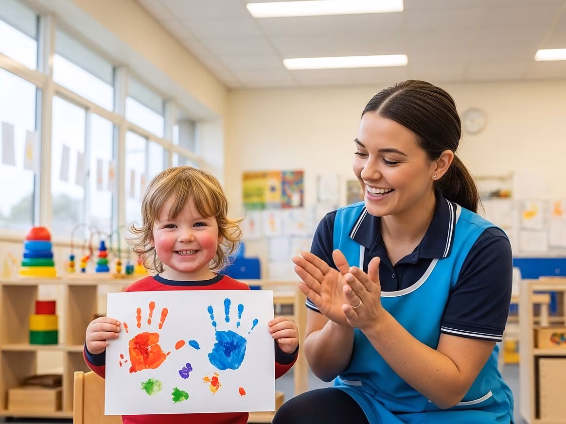 A boy in a red sweater grinning as he holds up a painting of his own handprints, while a smiling staff member kneeling beside him claps.