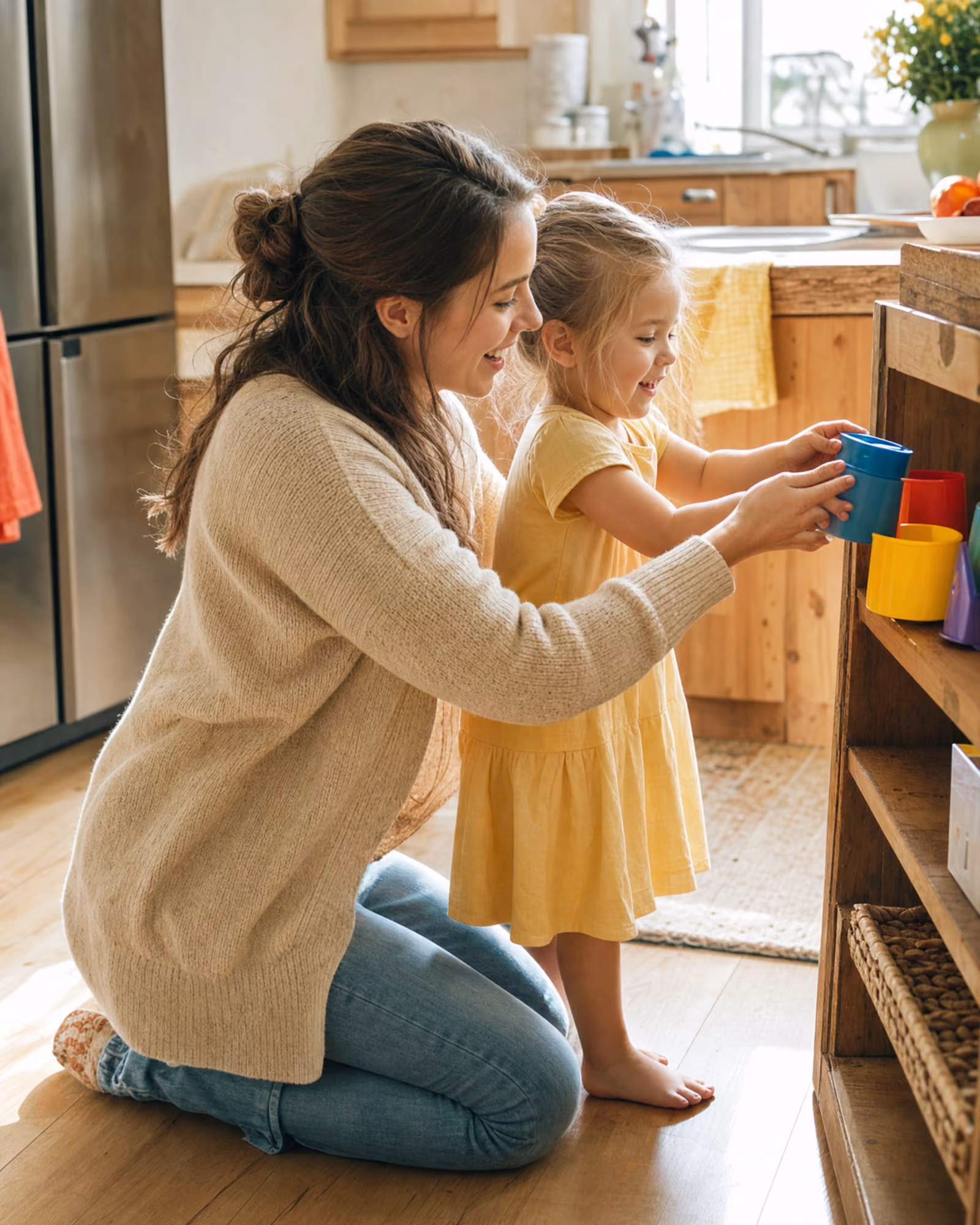 A behavior technician kneeling on a kitchen floor beside a small girl, guiding her hands as she practices a daily task.