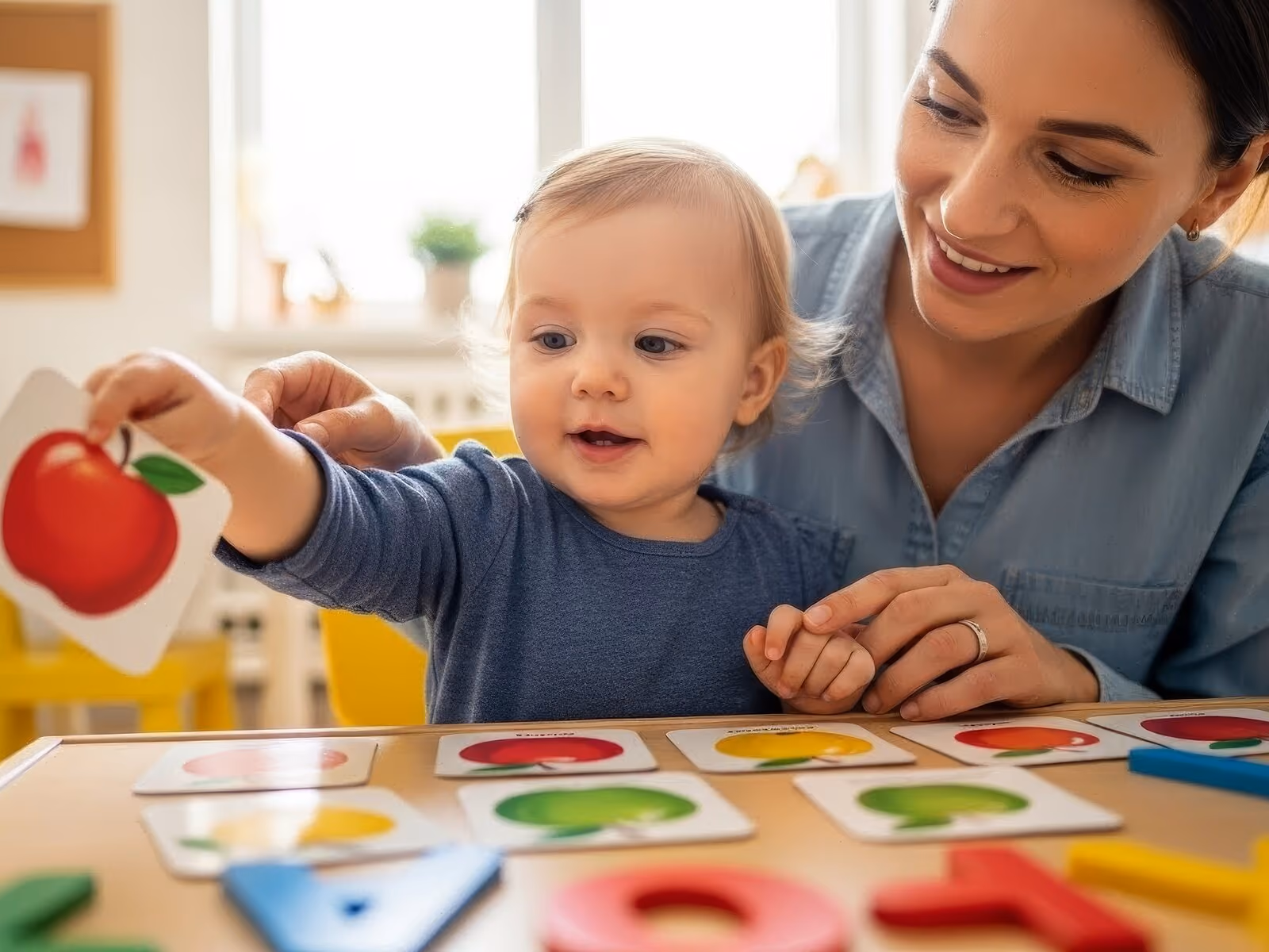 A toddler holding up a picture card of a red apple over a table of matching cards, with a smiling adult sitting close beside him.