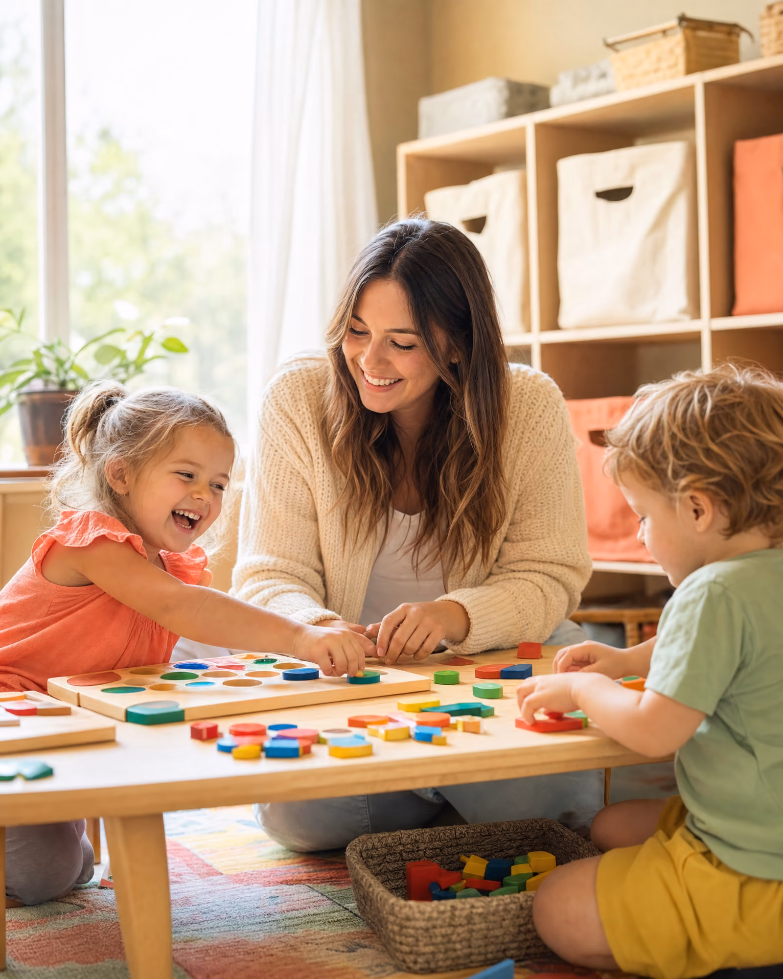 A child practicing communication with a behavior technician in a therapy room.
