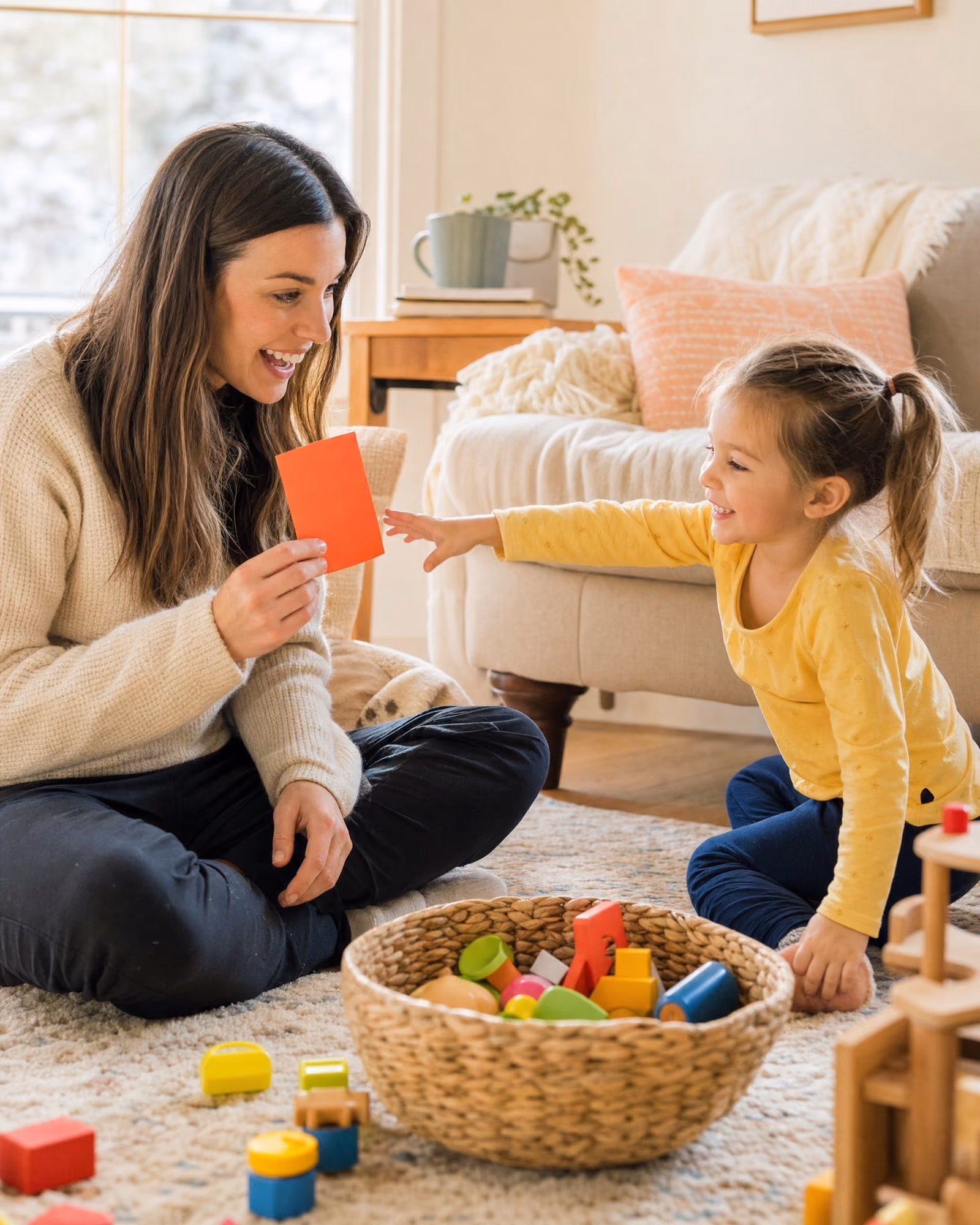A behavior technician and a small child working together on the floor of a family living room during a session.