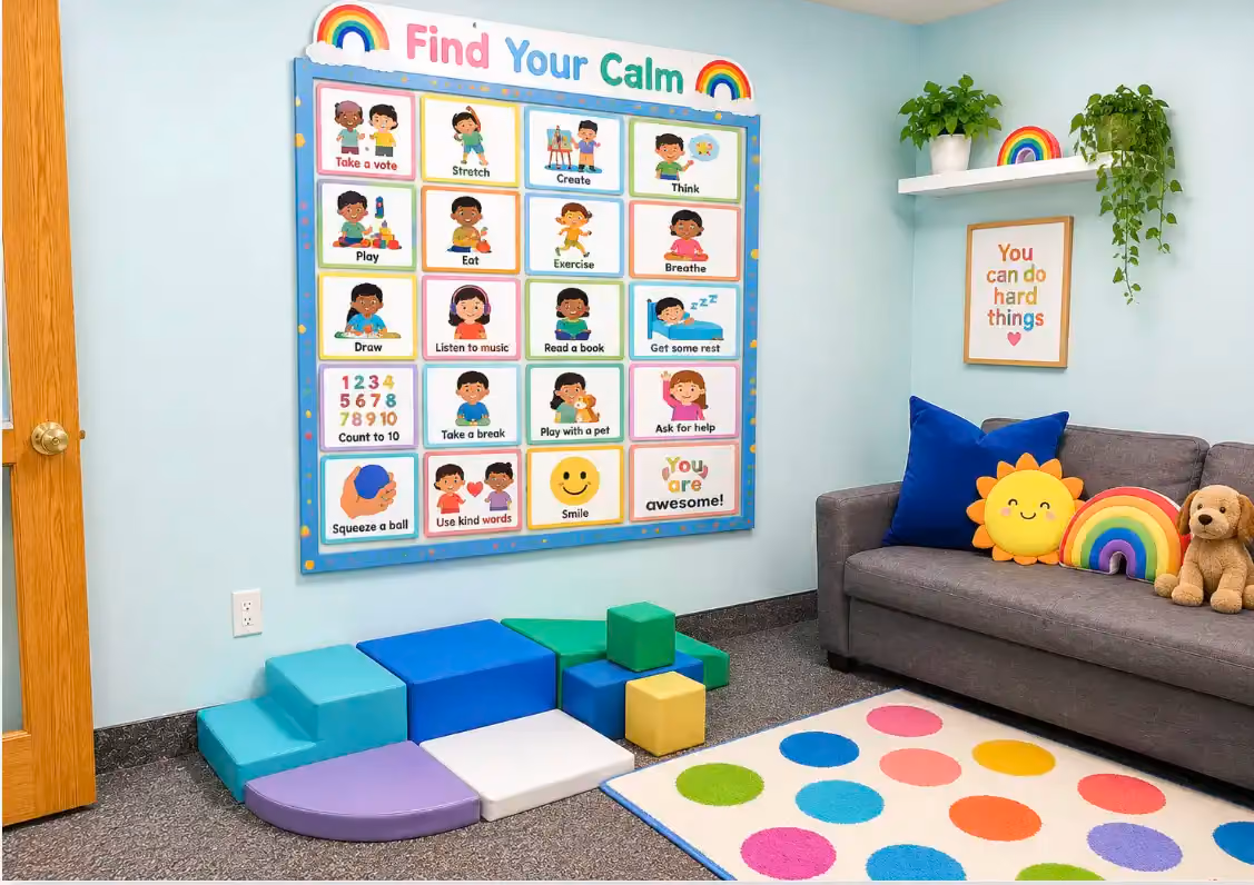The calm corner of Peak's Laramie clinic — a grey sofa with a rainbow cushion, a polka-dot rug, soft climbing blocks and a 'Find Your Calm' poster on a pale blue wall.