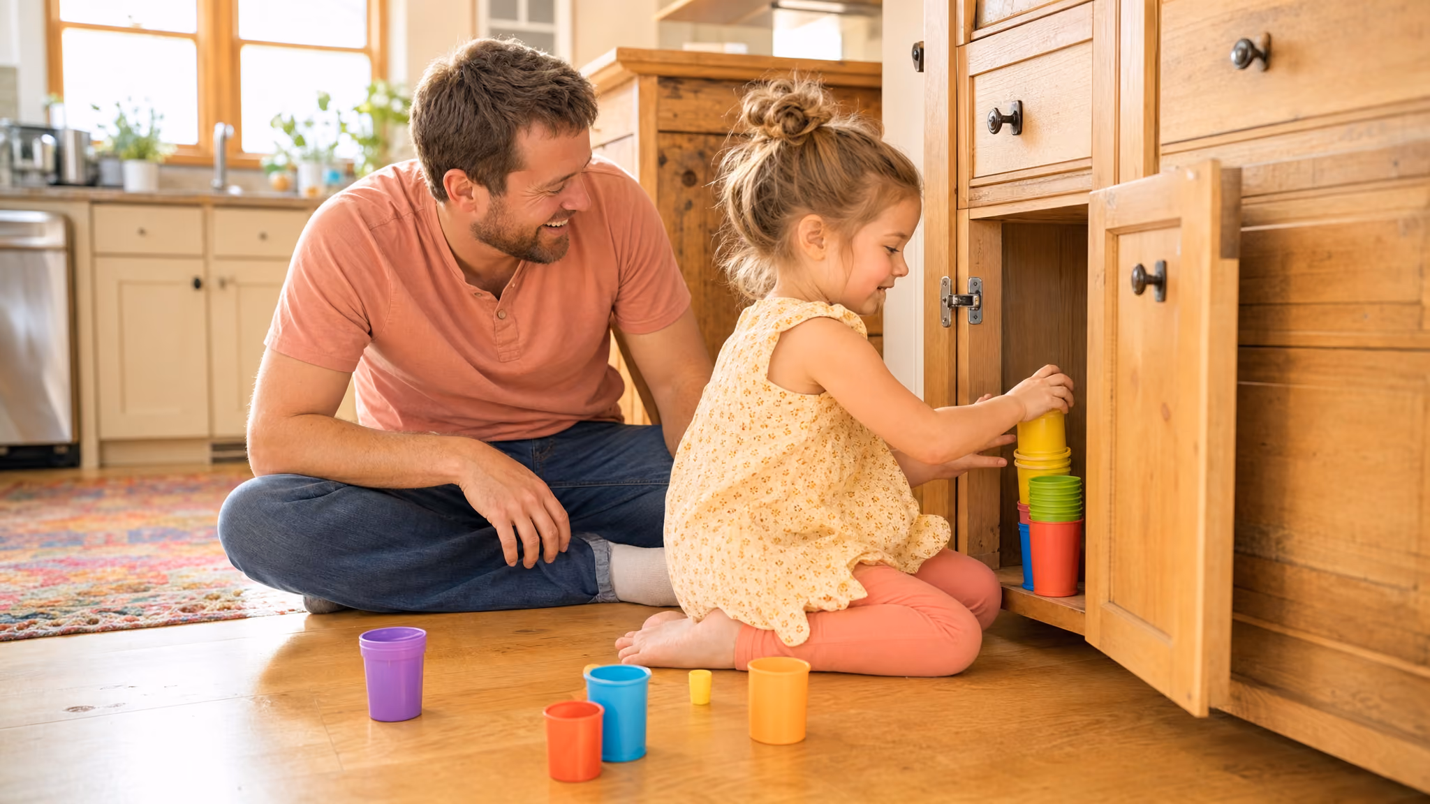 A parent and young child sitting together on a kitchen floor working through a task, with no other adult present.
