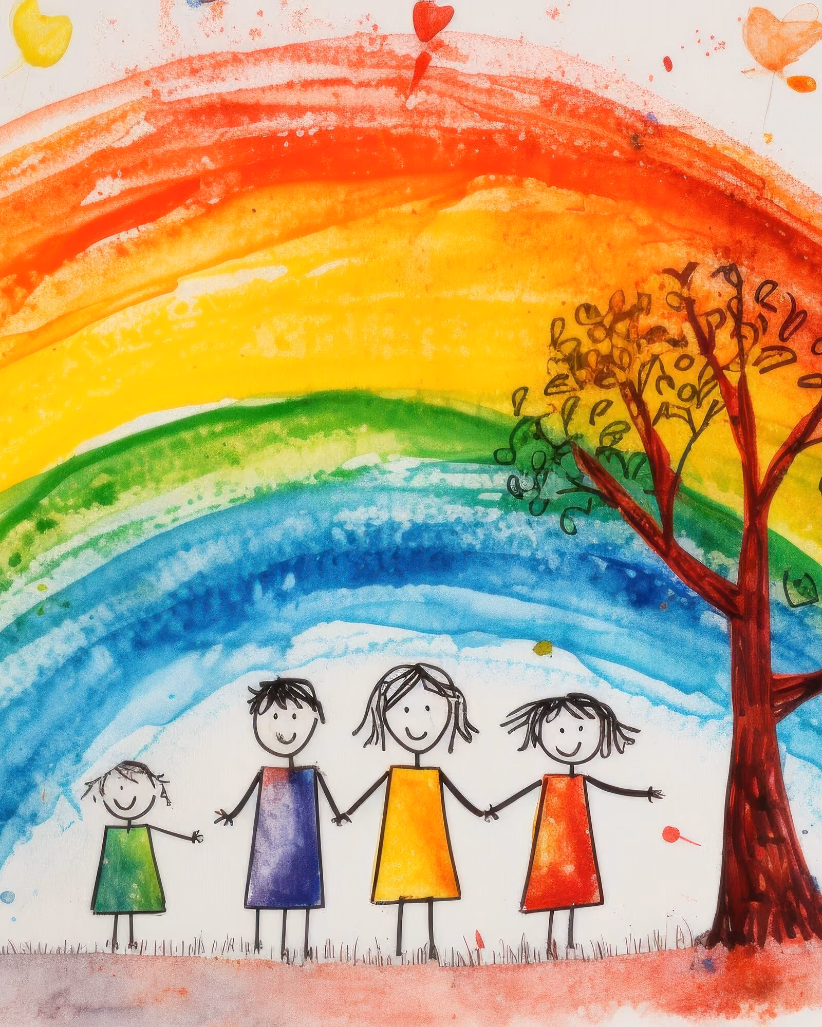 A child's watercolor painting of a rainbow arching over four stick figures holding hands beside a red tree.