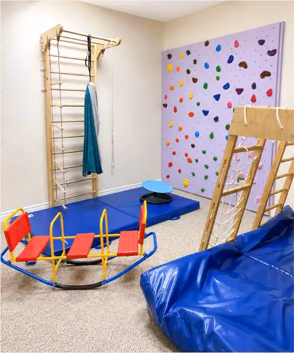 Play and movement room at the Rexburg clinic, with a climbing wall, sensory swing, rope ladder, and therapy mats.