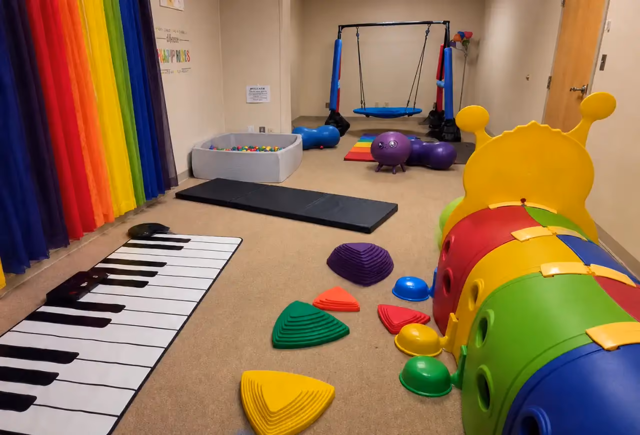 Sensory play zone at the Rock Springs clinic with a ball pit, crawl tunnel, and therapy swing.