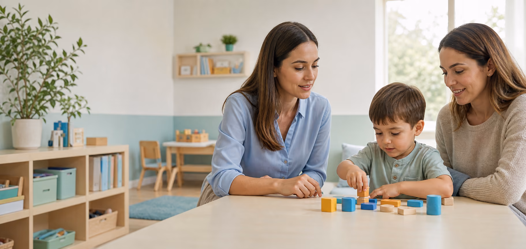 A behavior technician and child practicing a structured activity together.