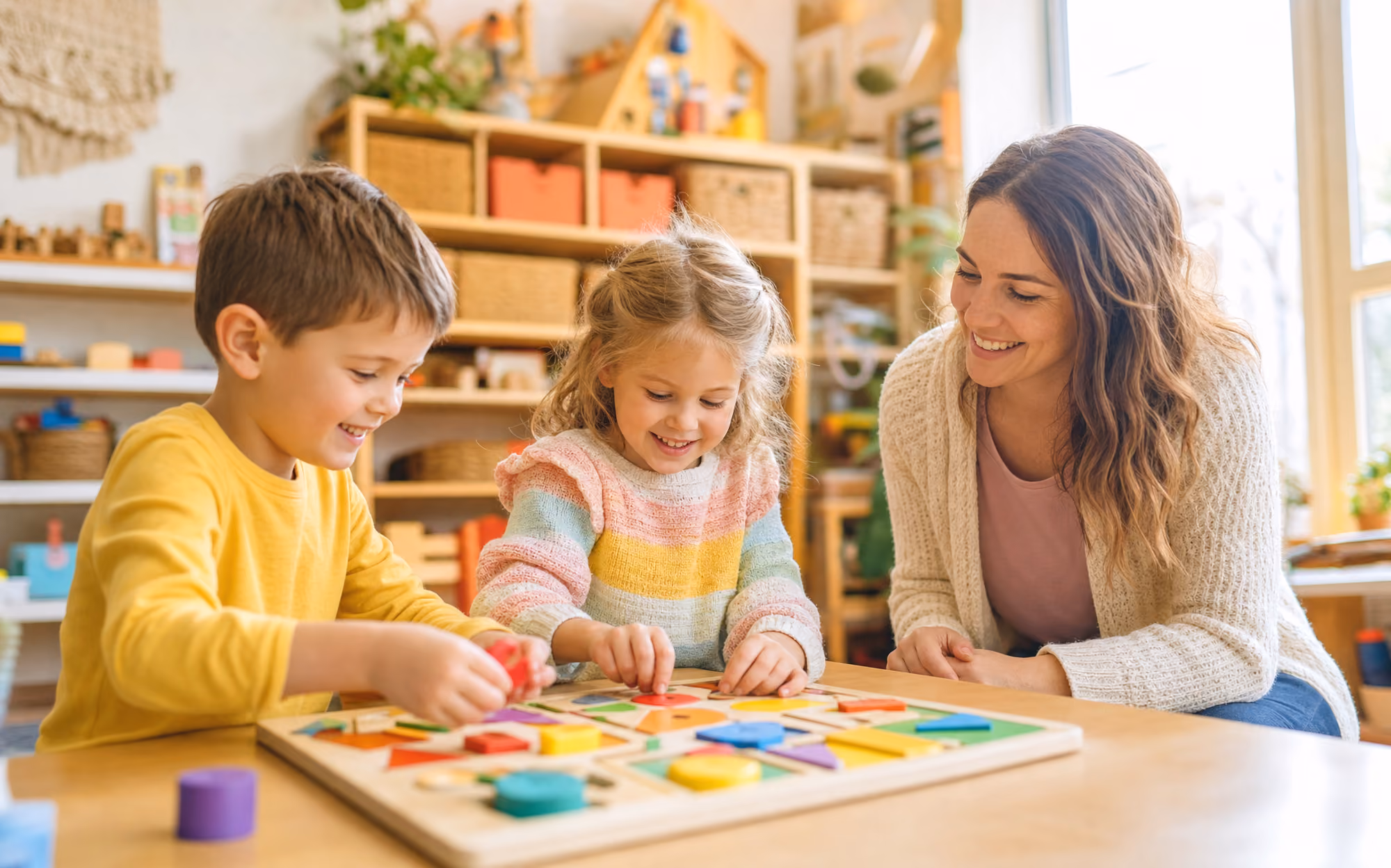 Two young children and an adult working together at a low table in a bright therapy center room.