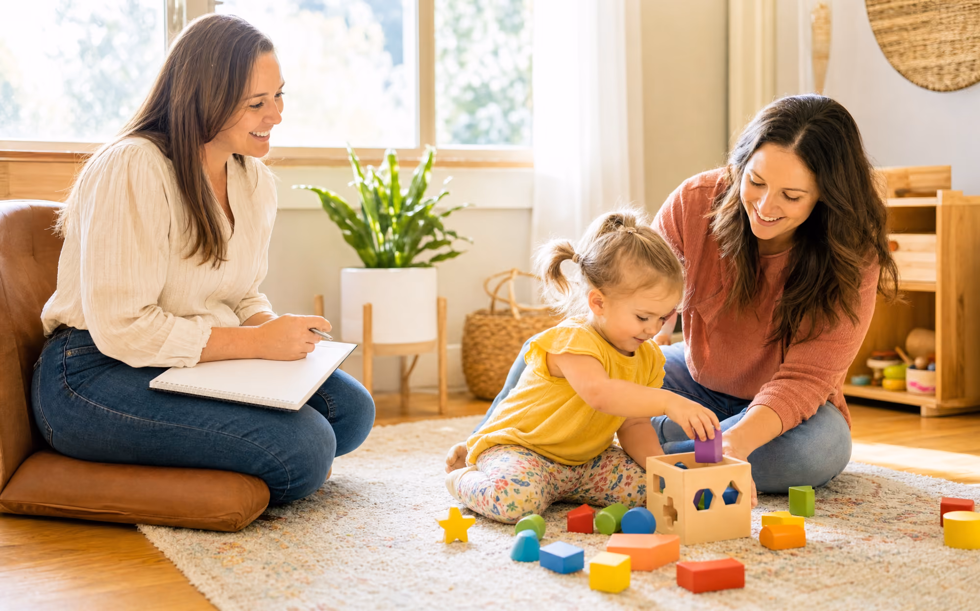 A clinician seated across a low table from a parent and toddler, observing and taking notes on a clipboard.