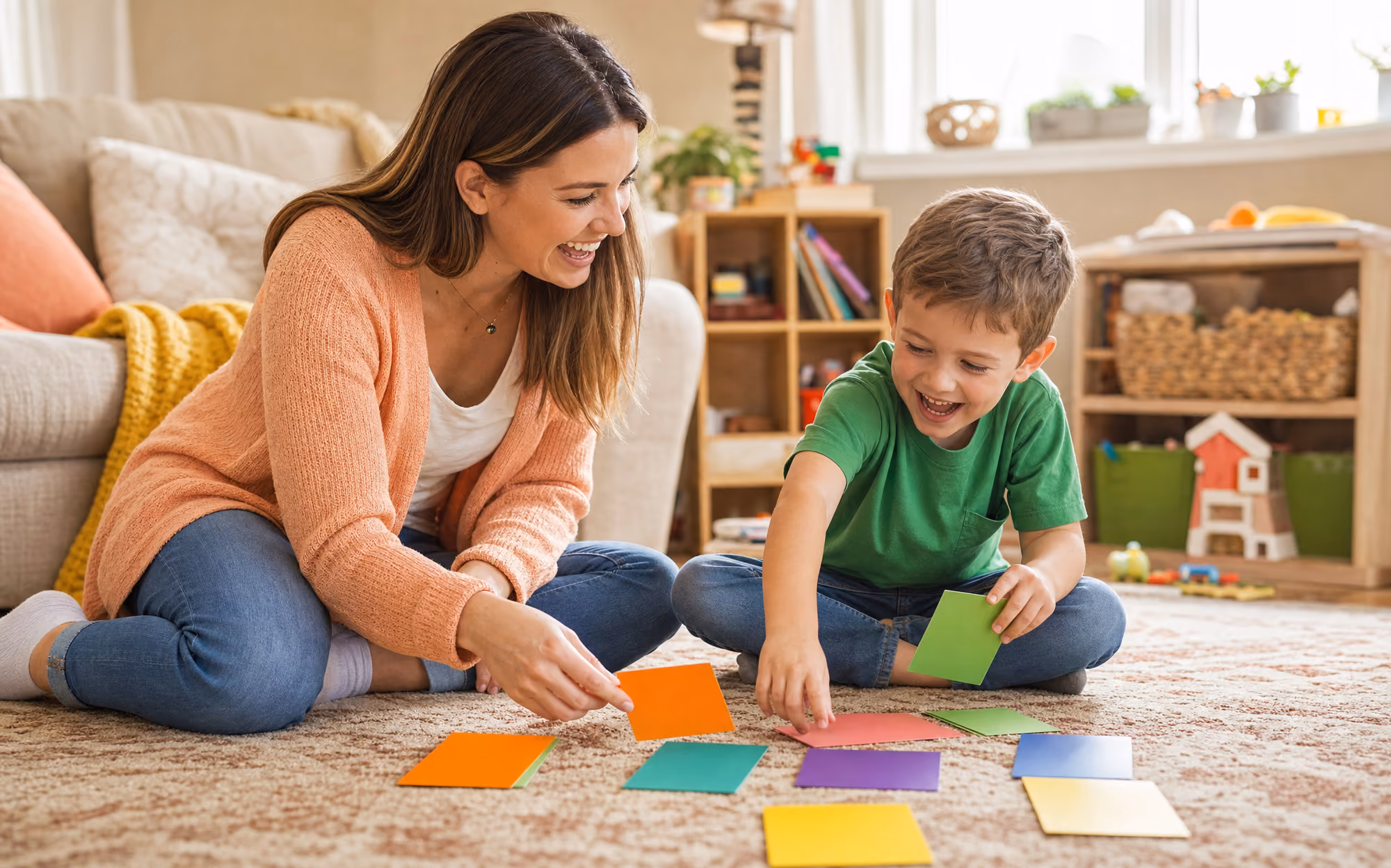 A behavior technician and a young child sitting together on a living-room floor sorting colored picture cards.