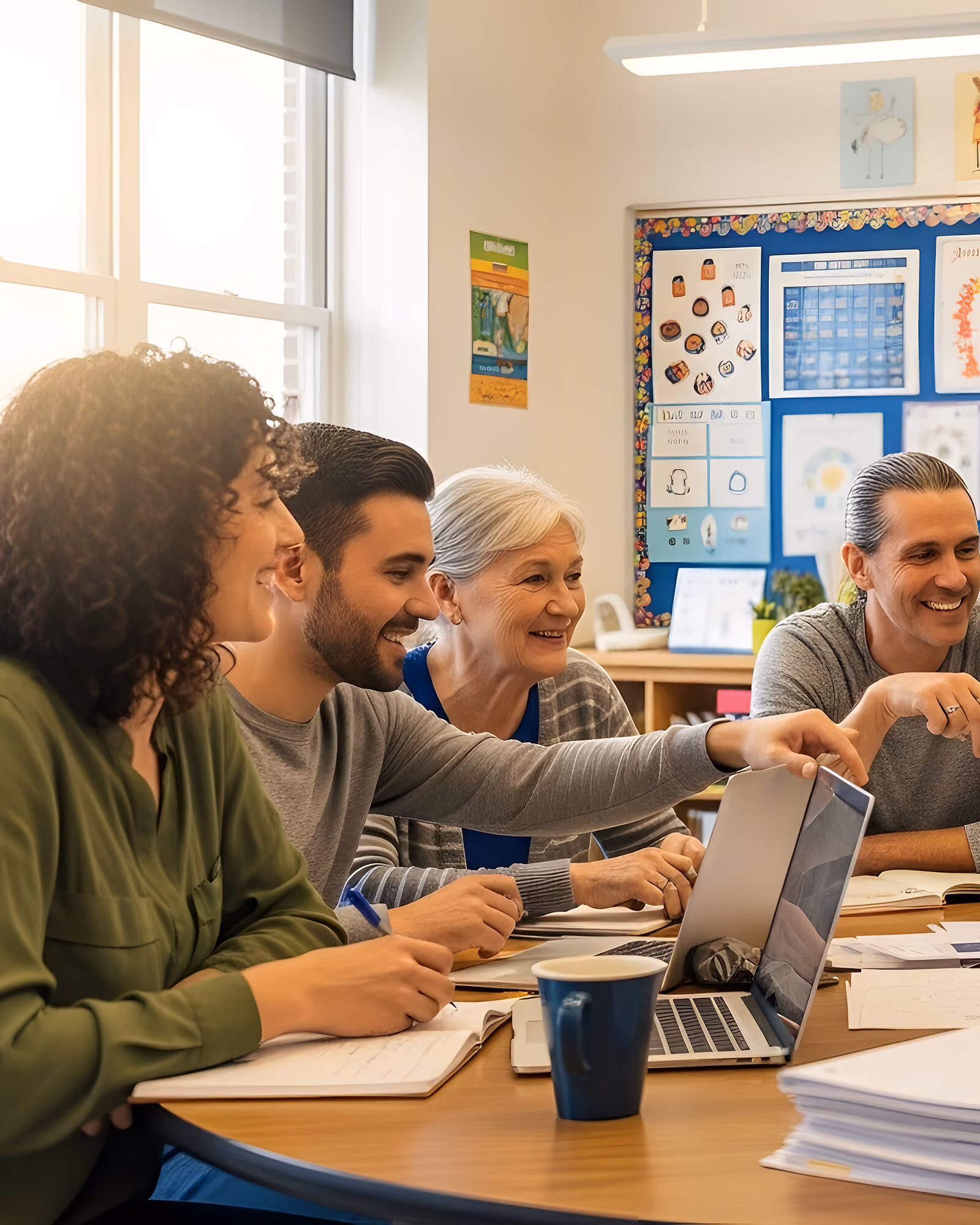 Five educators leaning in around a round table in a colorful classroom, laughing together as one of them points something out on a laptop screen.