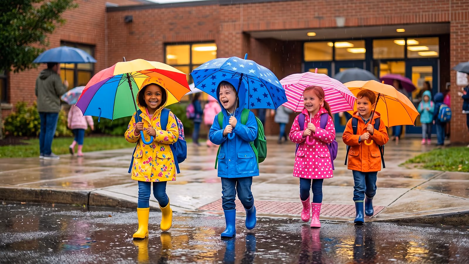 Four children in bright raincoats and boots laughing under colorful umbrellas as they arrive outside a brick school on a rainy morning.
