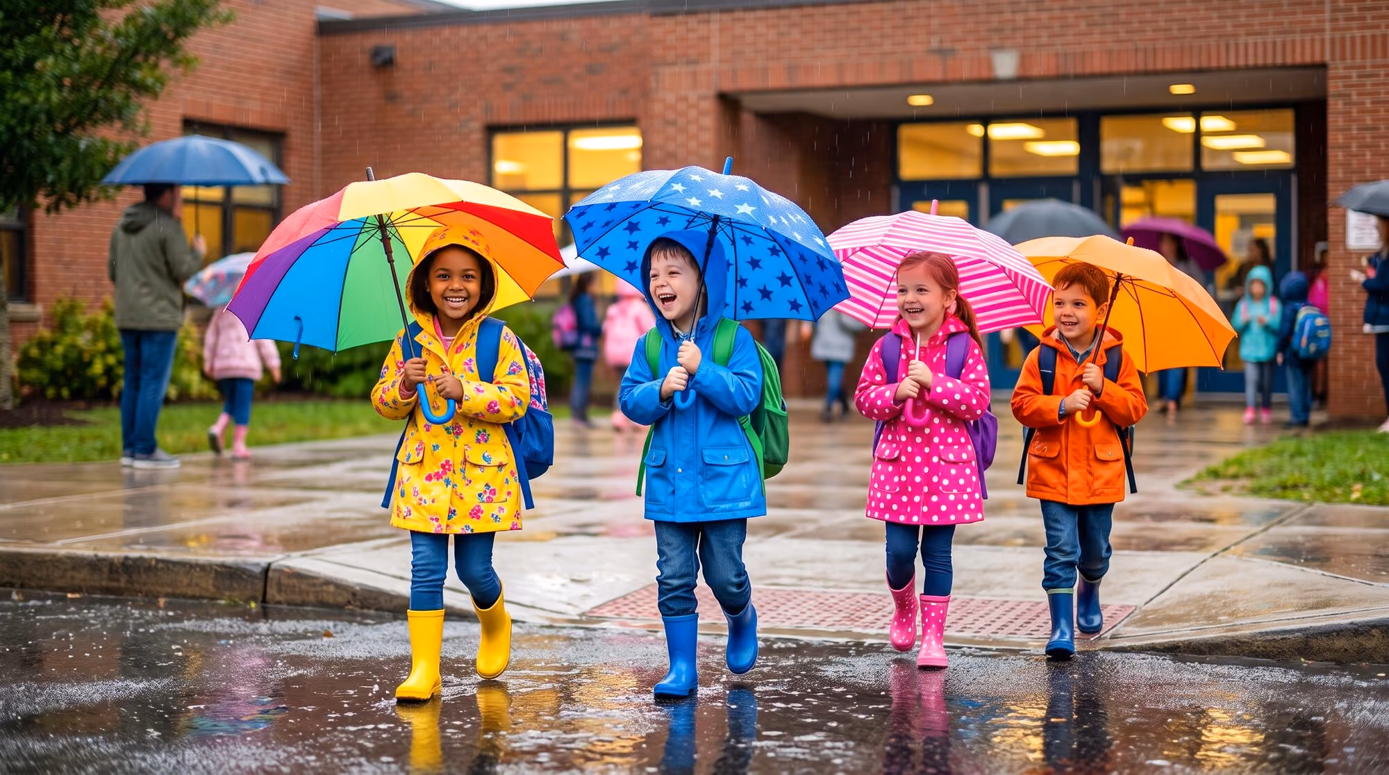 Four children in brightly colored raincoats and rain boots walking into school side by side under rainbow, star and polka-dot umbrellas, laughing.