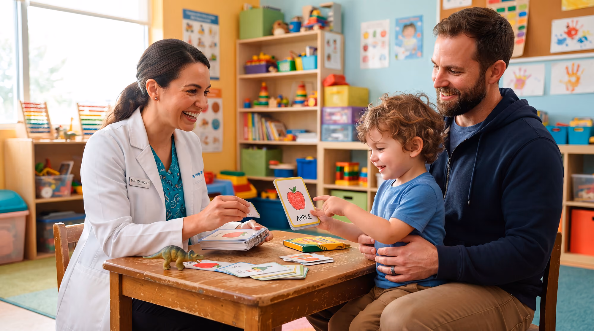 A smiling clinician holding a deck of picture cards across a low table from a young boy on his father's lap, in a bright playroom lined with toys, books and children's artwork.